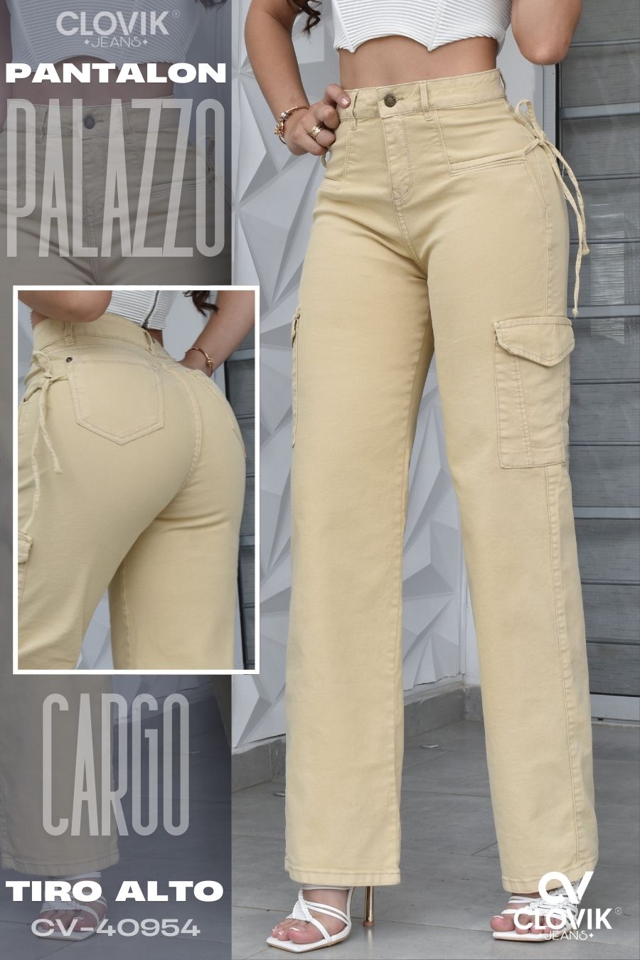 PANTALON COLOR CAQUI PALAZZO CARGO REF. CV-40954