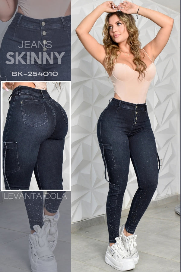 JEANS SKINNY CARGO CON CRISTALES UP REF. BK- 254010